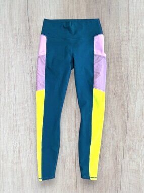 Fabletics On-The-Go PowerHold High Waisted Colorblock Leggings Pocket Teal M